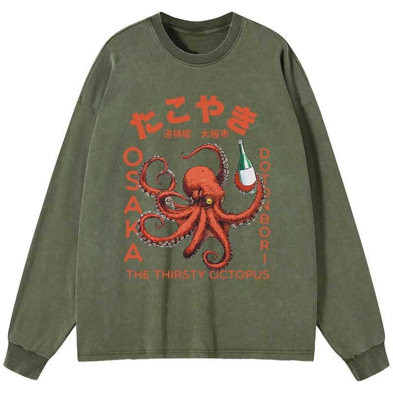 Magmoo Octopus Drinks Soju Washed Long Sleeve T-Shirt