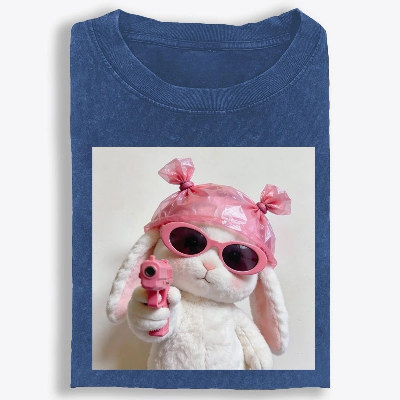 Pink Gun Gangsta Bunny Meme Retro Washed T-Shirt