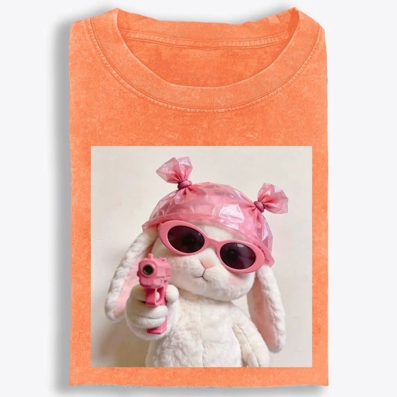 Pink Gun Gangsta Bunny Meme Retro Washed T-Shirt