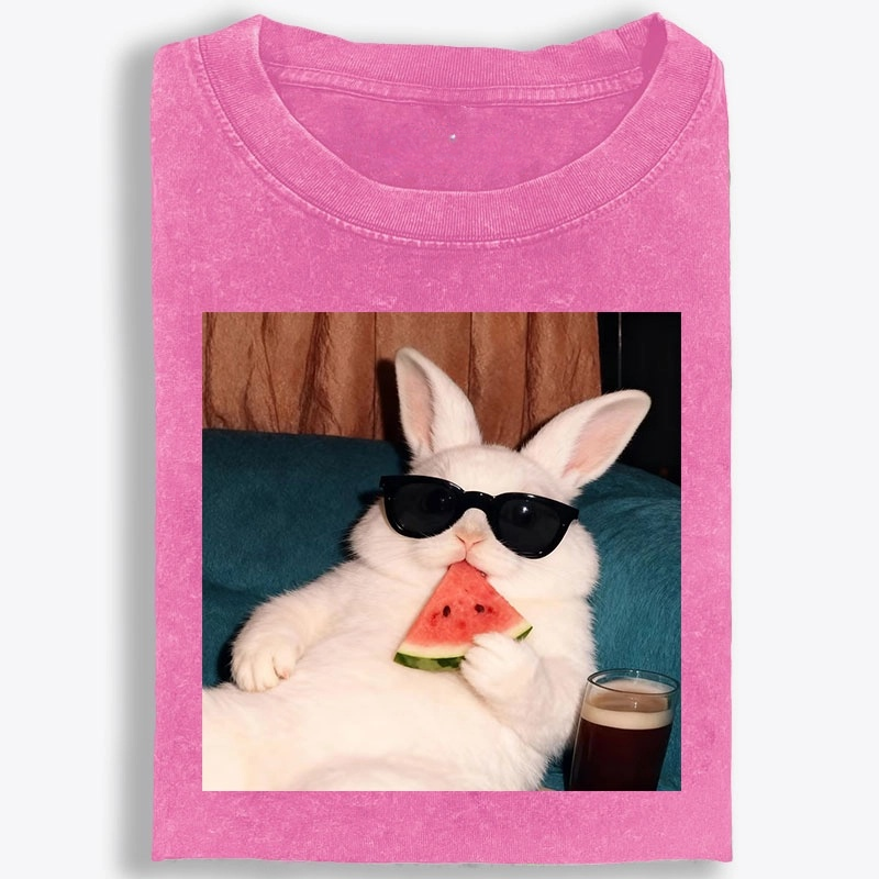 Rabbit Eating Watermelon Sunglasses Retro Washed T-Shirt