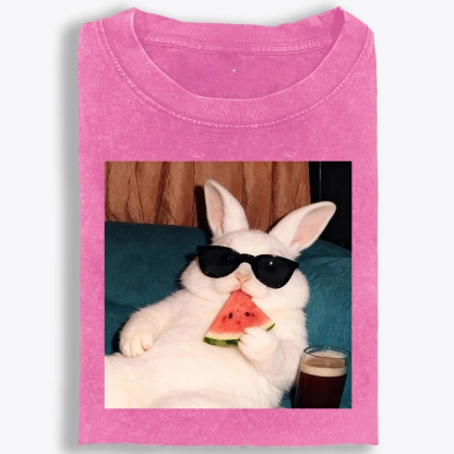 Rabbit Eating Watermelon Sunglasses Retro Washed T-Shirt