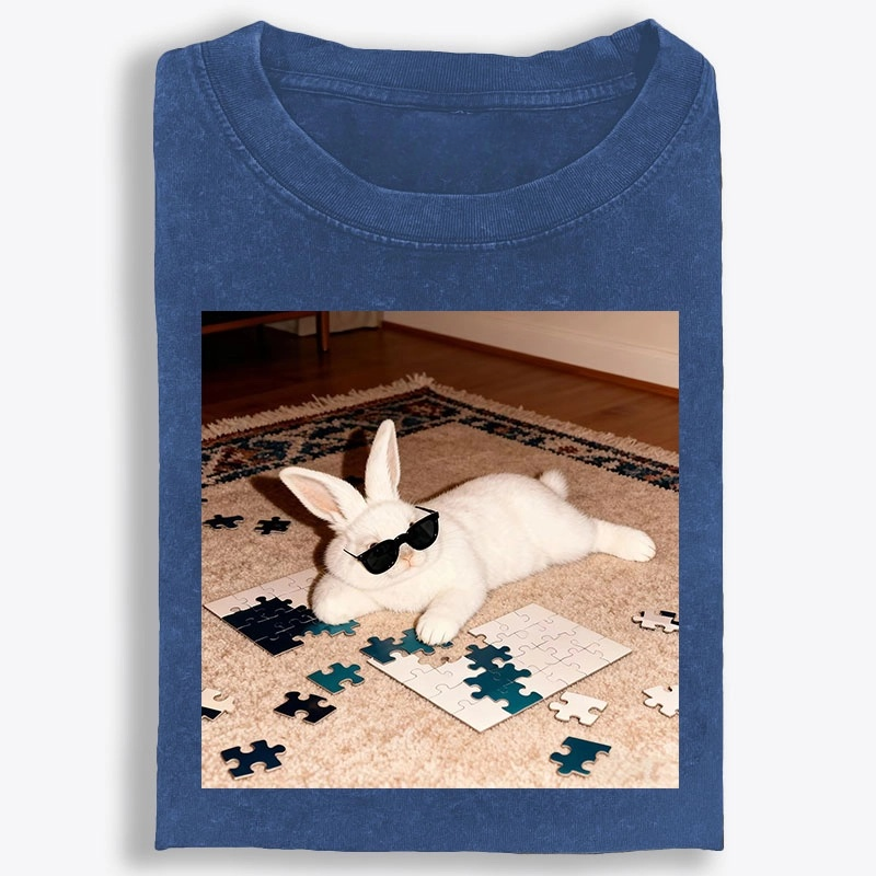 Rabbit Doing Puzzle Procrastinating Retro Washed T-Shirt