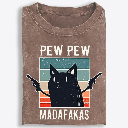 Pew Pew Madafakas Black Cat Retro Washed T-Shirt