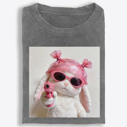 Pink Gun Gangsta Bunny Meme Retro Washed T-Shirt