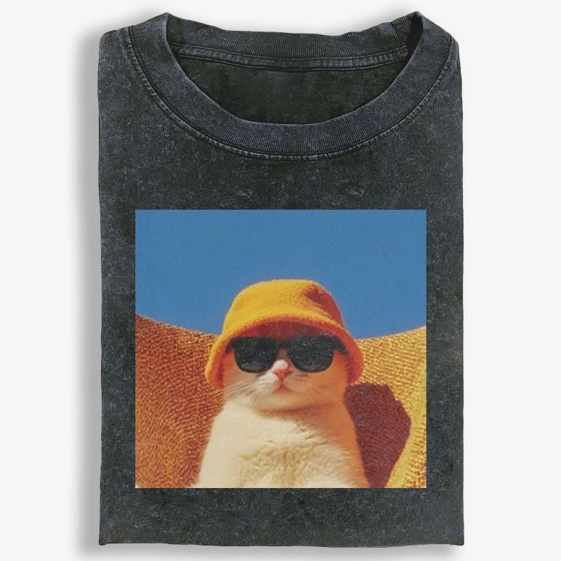 Cool Cat In Yellow Bucket Hat Streetwear Retro Washed T-Shirt