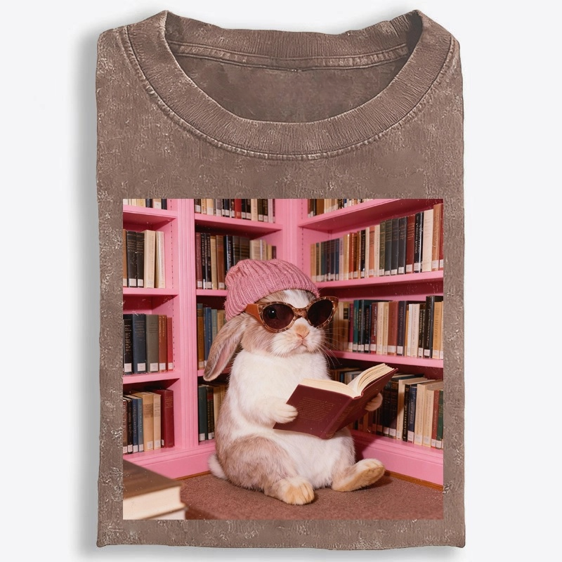Bunny Bookish Rabbit Retro Washed T-Shirt