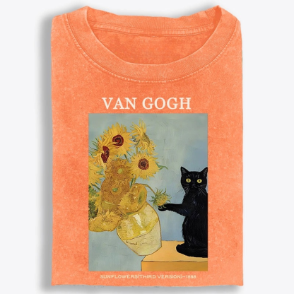 Playful Cat Meets Van Gogh Sunflowers Retro Washed T-Shirt