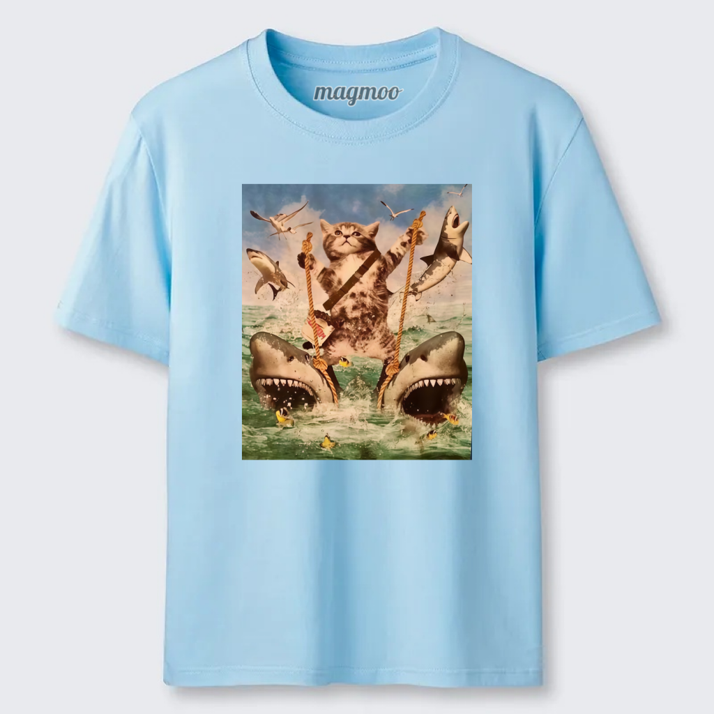 Magmoo Cat Riding Sharks T-shirt