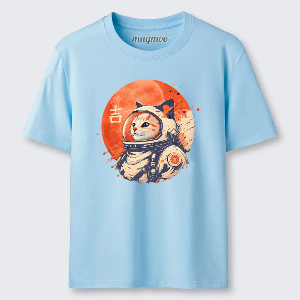 Magmoo Japanese Minimalist 1950s Retro Space Cat Good Luck Kanji T-shirt