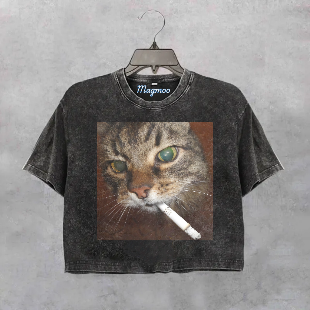 Washed Cotton Cat Crop Shirt-Magmoo