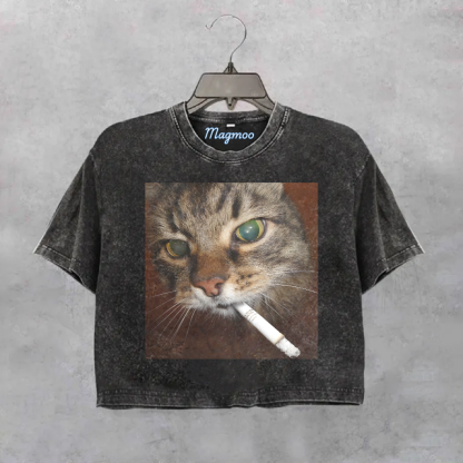 Washed Cotton Cat Crop Shirt-Magmoo