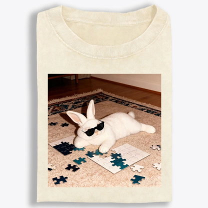 Rabbit Doing Puzzle Procrastinating Retro Washed T-Shirt