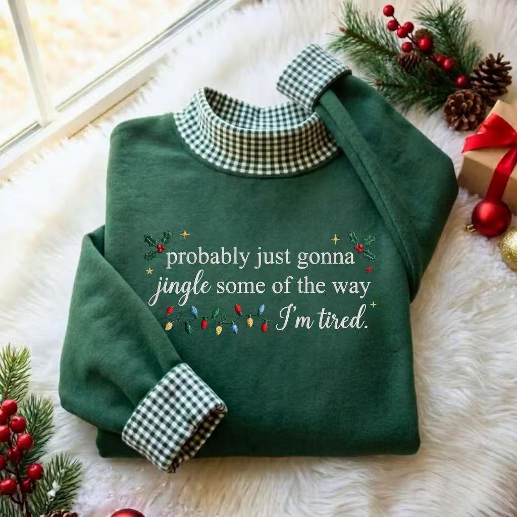 Funny Tired Jingle Christmas Gingham Mockneck Sweatshirt