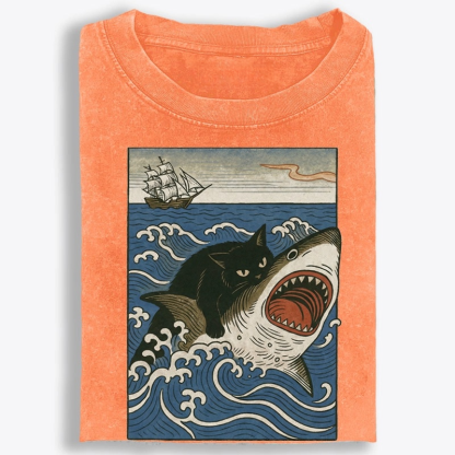 Ukiyo-e Cat Riding Shark Retro Washed T-Shirt
