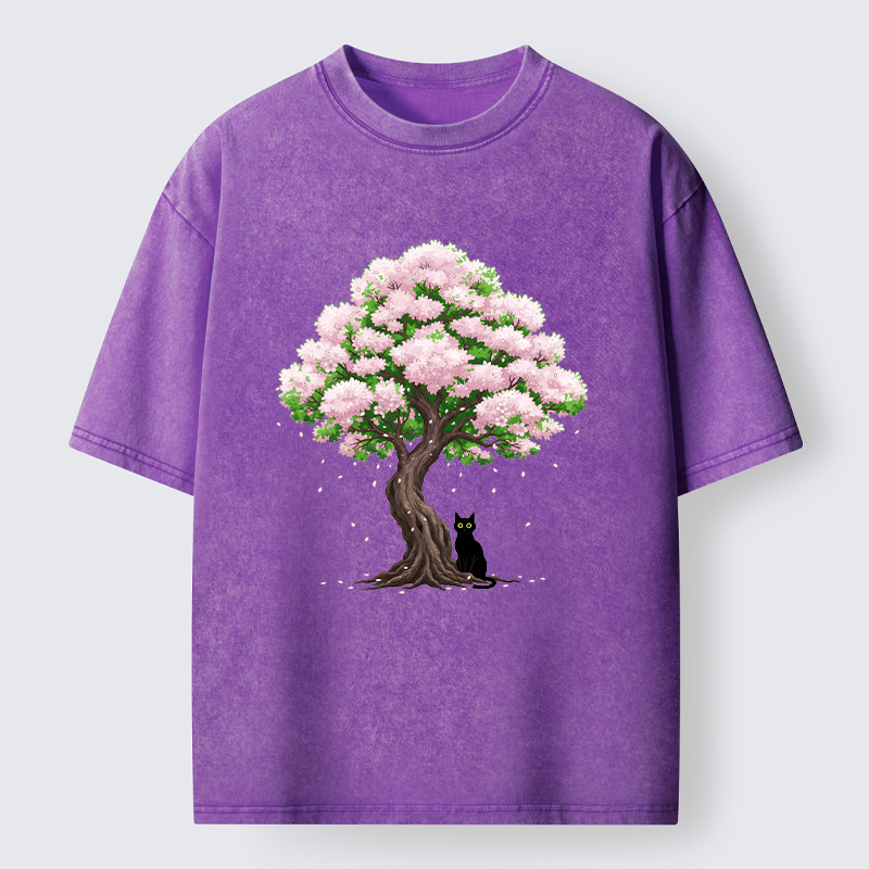 Magmoo Sakura And Cat Washed T-Shirt-Magmoo
