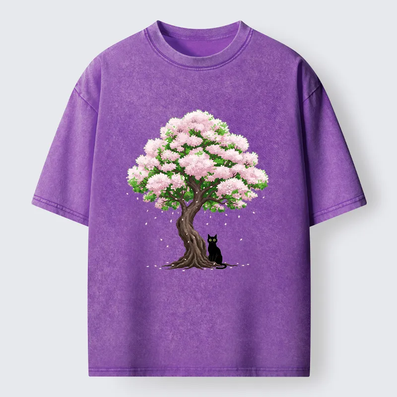 Magmoo Sakura And Cat Washed T-Shirt-Magmoo