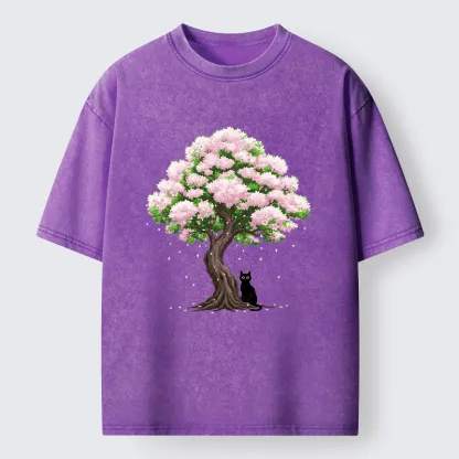 Magmoo Sakura And Cat Washed T-Shirt-Magmoo