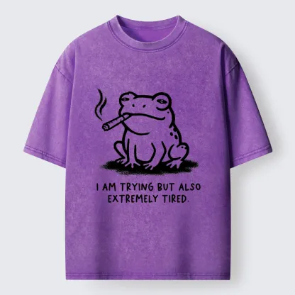 Magmoo Hardworking But Tired Frog Washed T-Shirt