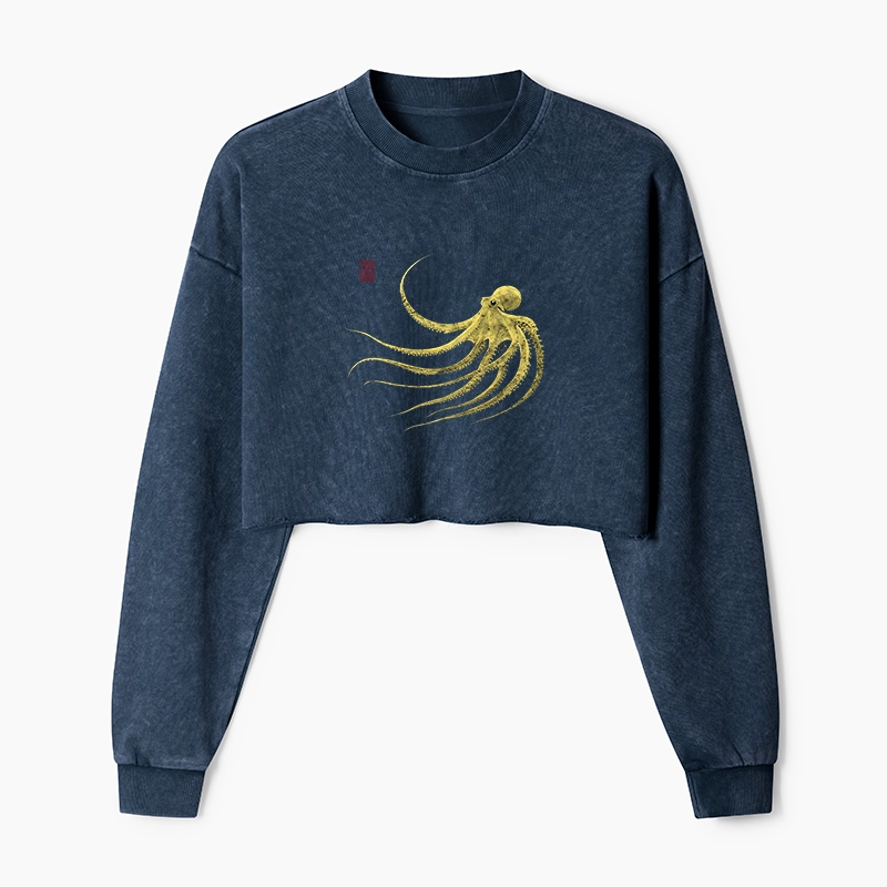 Magmoo Retro Octopus Japanese Washed Crop Sweatshirt