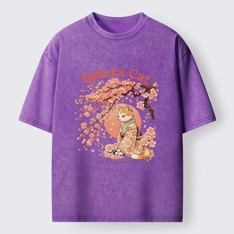 Magmoo Cat Under The Sakura Washed T-Shirt-Magmoo