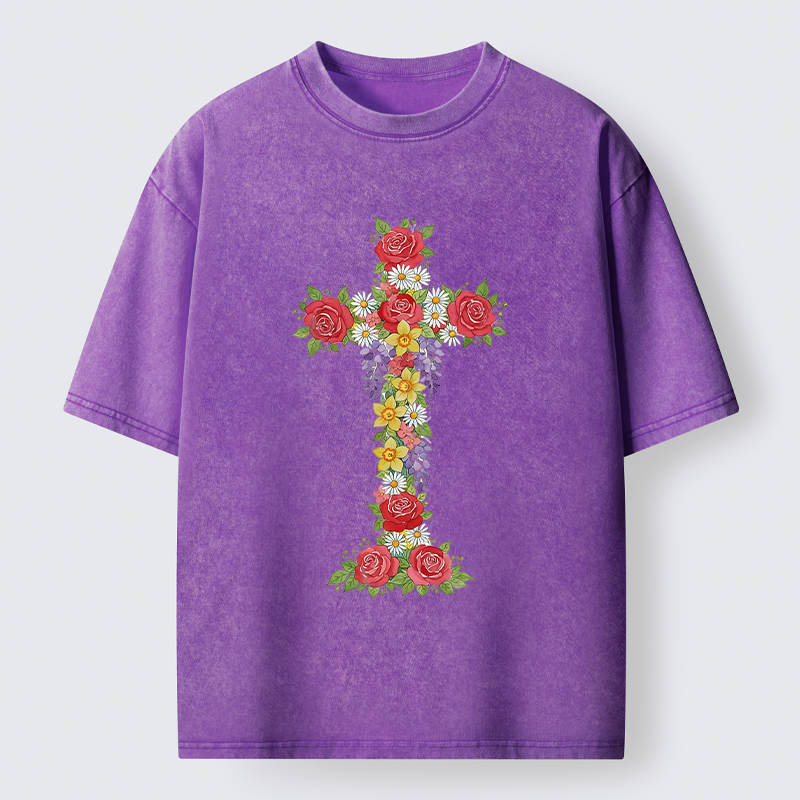 Magmoo Flower Cross Washed T-Shirt-Magmoo