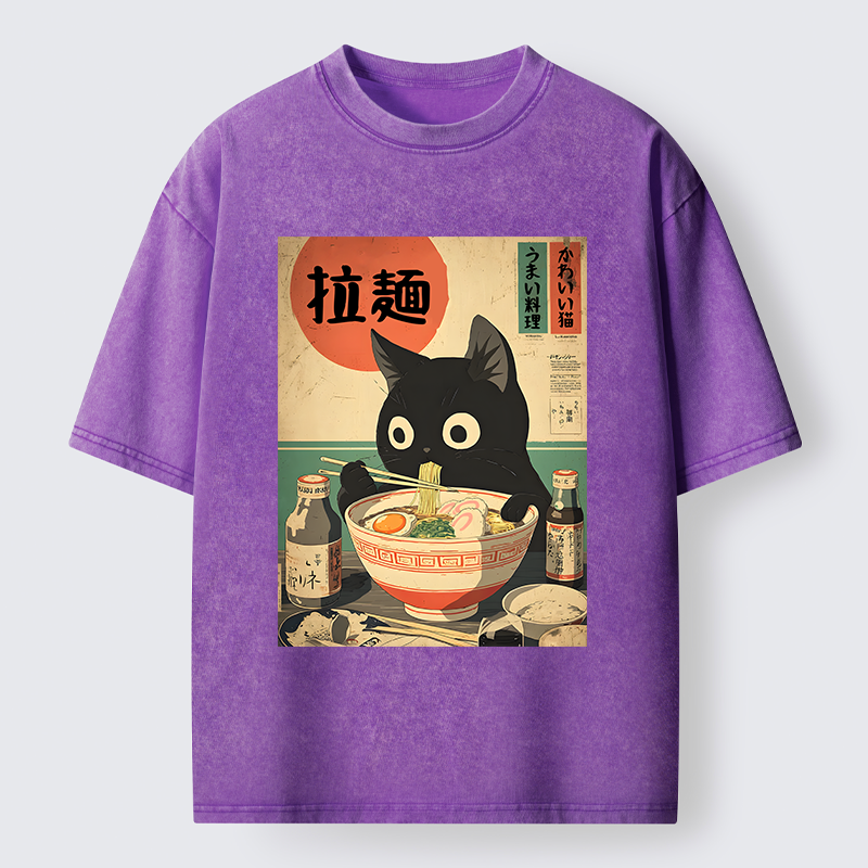 Magmoo Cat Is Eating Ramen At The Restaurant Washed T-Shirt-Magmoo
