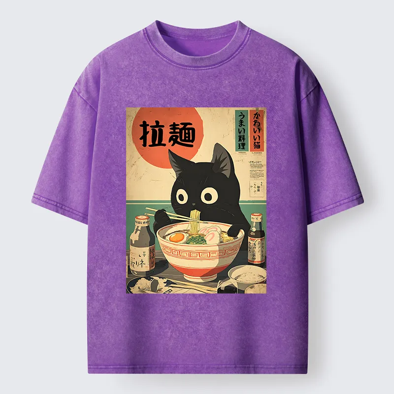Magmoo Cat Is Eating Ramen At The Restaurant Washed T-Shirt-Magmoo