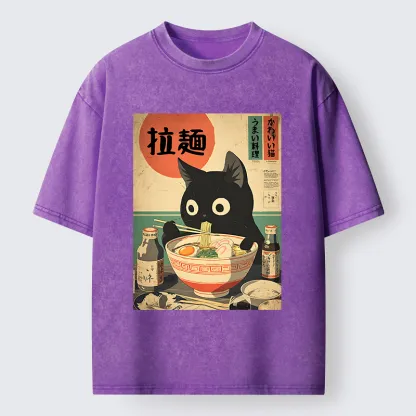 Magmoo Cat Is Eating Ramen At The Restaurant Washed T-Shirt-Magmoo
