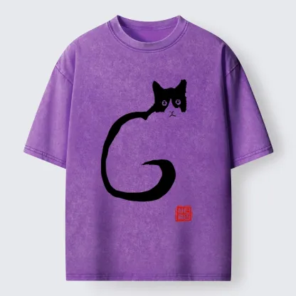 Magmoo Calm Cat in Simple Lines Washed T-Shirt-Magmoo