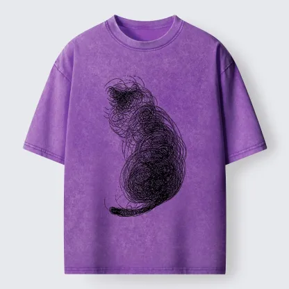 Magmoo Chaotic Line Art Of A Curled Cat Washed T-Shirt-Magmoo