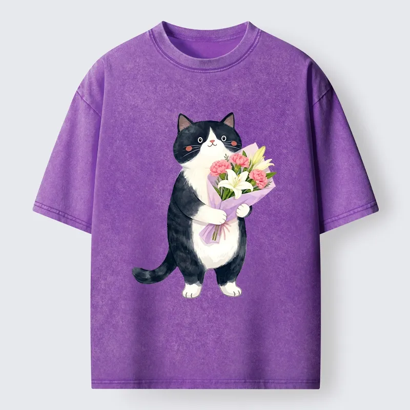 Magmoo Sweet Cat Delivers Flowers Washed T-Shirt-Magmoo