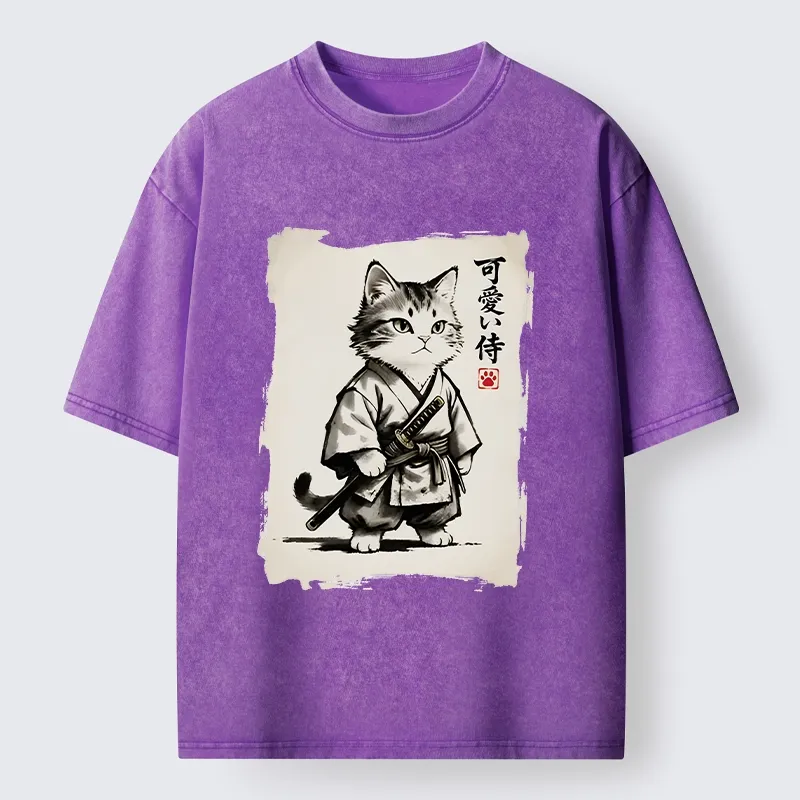 Magmoo Japanese Samurai Cat Illustration Washed T-Shirt