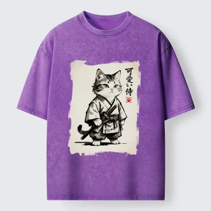 Magmoo Japanese Samurai Cat Illustration Washed T-Shirt