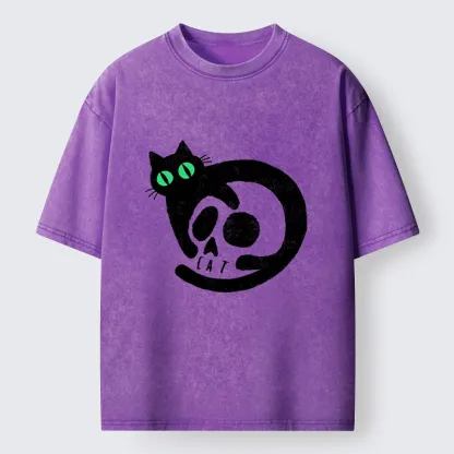 Magmoo Spooky Black Cat Skull Meme Washed T-Shirt-Magmoo