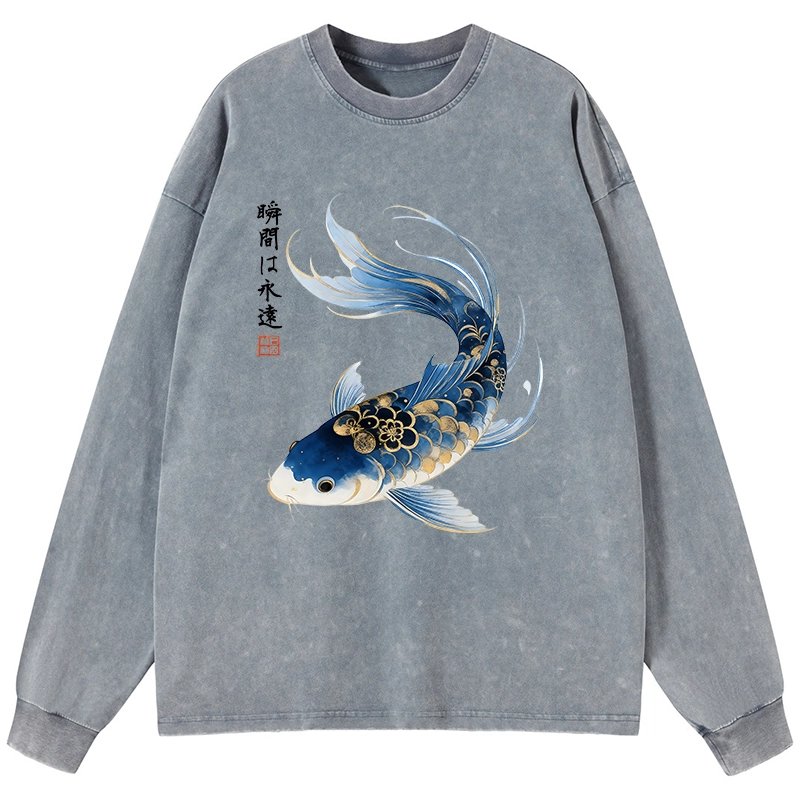 Magmoo Elegant Koi Fish Watercolor Art Washed Long Sleeve T-Shirt-Magmoo