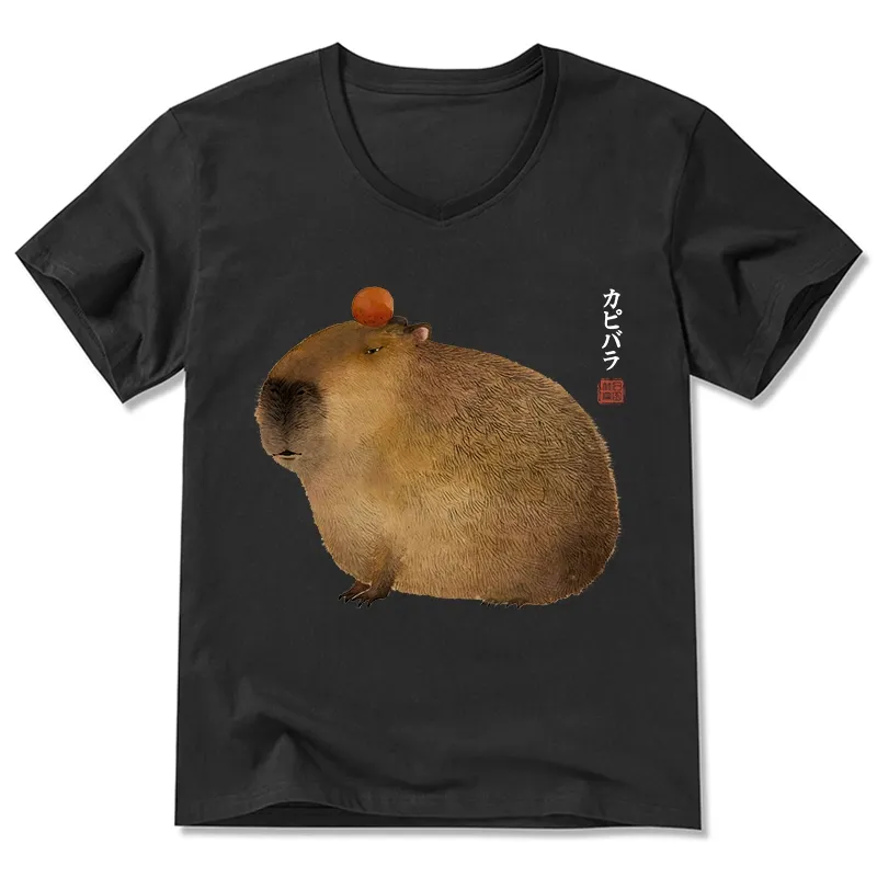 Magmoo Calm Capybara Illustration V-Neck Classic T-Shirt-Magmoo