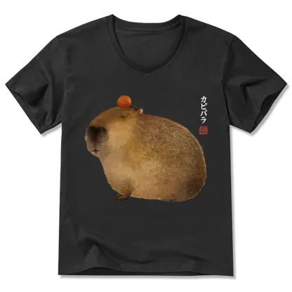 Magmoo Calm Capybara Illustration V-Neck Classic T-Shirt-Magmoo