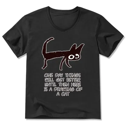 Magmoo Cat Cheer Up Drawing V-Neck Classic T-Shirt-Magmoo