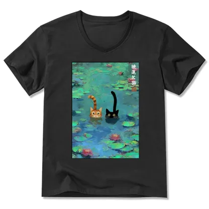 Magmoo Funny Cats Swimming In Lilies V-Neck Classic T-Shirt-Magmoo