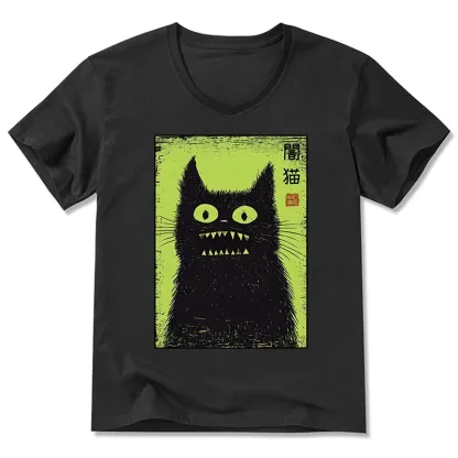 Magmoo Spooky Black Cat Japanese V-Neck Classic T-Shirt-Magmoo