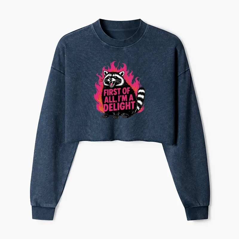 Magmoo Angry Raccoon Funny Washed Crop Sweatshirt
