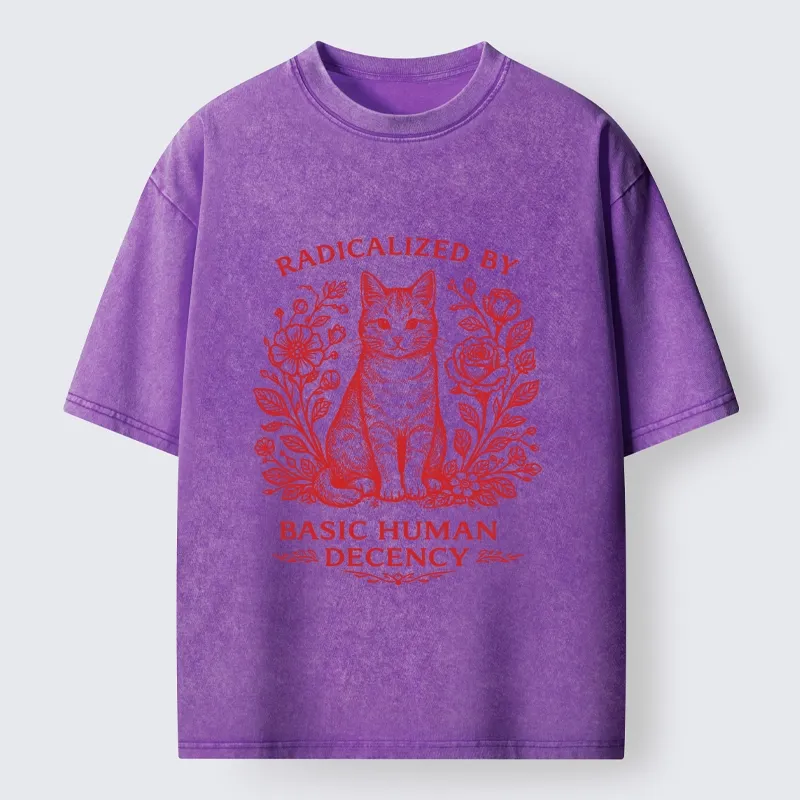 Magmoo Cat Roses Radical Human Decency Washed T-Shirt