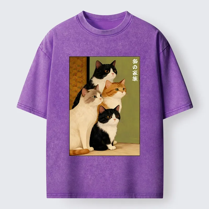 Magmoo Funny Japanese Cat Family Portrait Washed T-Shirt