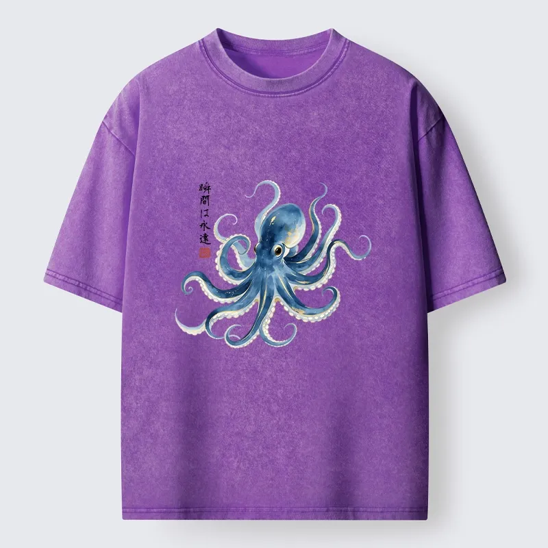Magmoo Stylish Blue Octopus Japanese Washed T-Shirt