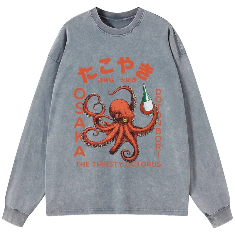 Magmoo Octopus Drinks Soju Washed Long Sleeve T-Shirt