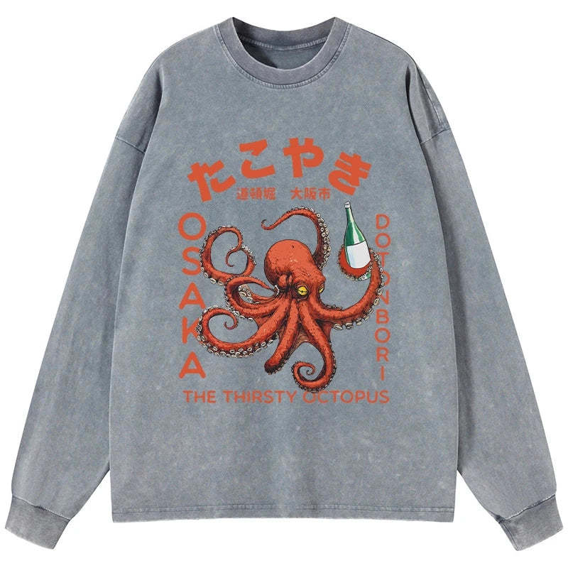Magmoo Octopus Drinks Soju Washed Long Sleeve T-Shirt