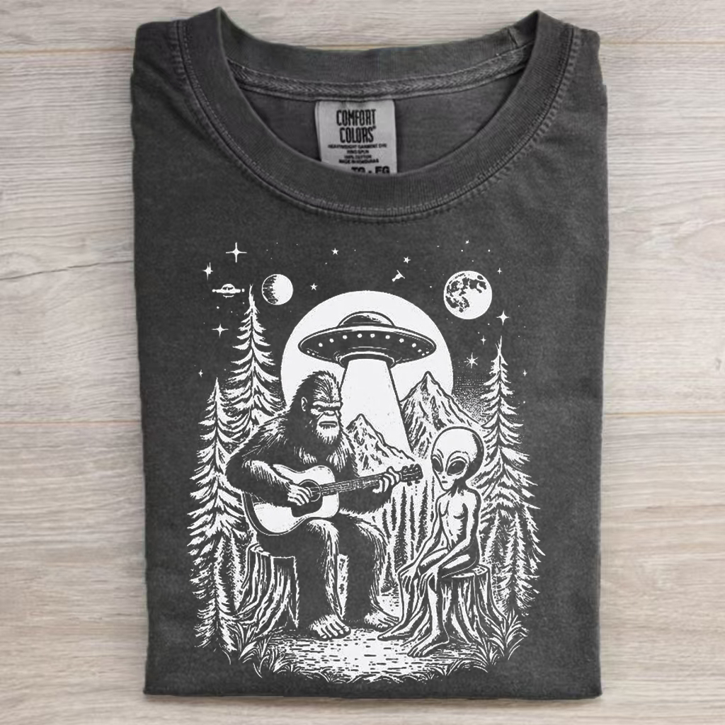 Retro Bigfoot Plays Guitar with Alien T-shirt