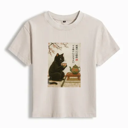 Magmoo Tea Time With A Black Cat Women's Washed T-shirt