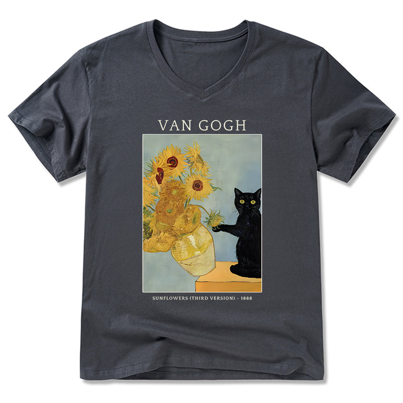 Magmoo Black Cat With Sunflowers V-Neck Classic T-Shirt