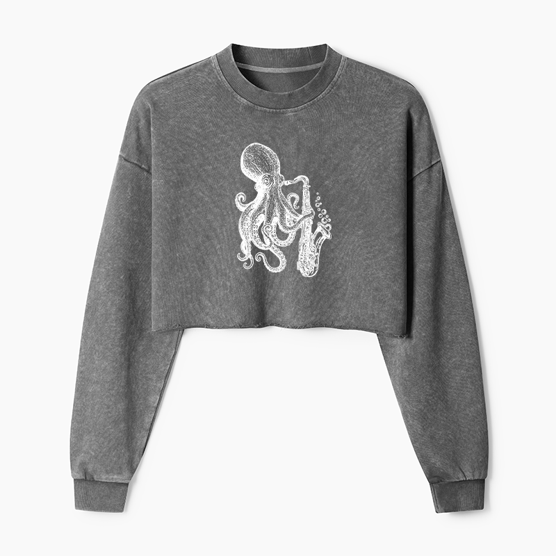 Magmoo Octopus Playing Saxophone Washed Crop Sweatshirt